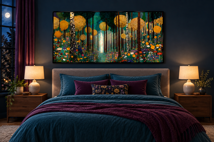 Gustav Klimt inspired golden forest canvas wall art above a bed in a dark blue bedroom.