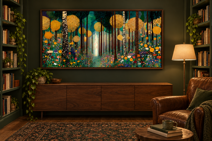 Gustav Klimt inspired golden magical forest canvas wall art in a dark green library setting.
