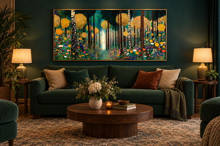 Gustav Klimt inspired golden forest canvas wall art above a green sofa in a cozy living room.