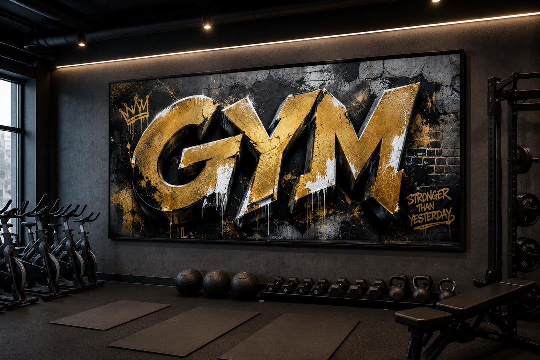Gym wall art with gold graffiti typography and Stronger Than Yesterday motivational text.