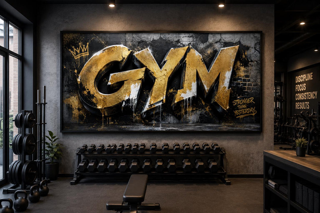 Gym wall art with gold graffiti typography and 'Stronger Than Yesterday' text in a home gym.