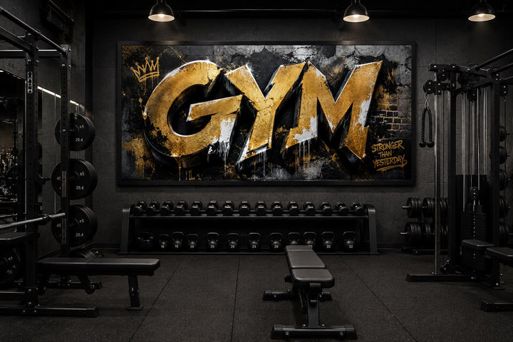 Gym wall art with gold graffiti 'GYM' and 'Stronger Than Yesterday' text on a dark textured canvas.