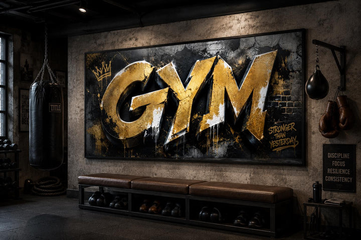 Gym wall art with gold graffiti typography and 'Stronger Than Yesterday' motivational text.