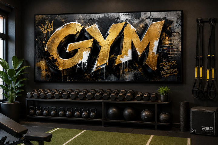 Gym wall art with gold graffiti typography and Stronger Than Yesterday motivational text.