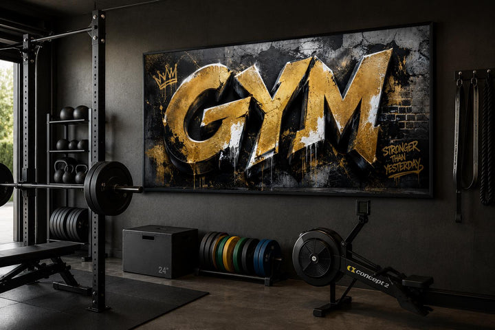 Gold graffiti GYM wall art with Stronger Than Yesterday text in a modern home gym setting.