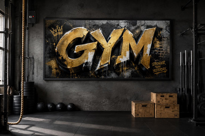 Gold graffiti GYM wall art with Stronger Than Yesterday text on a dark industrial gym wall.