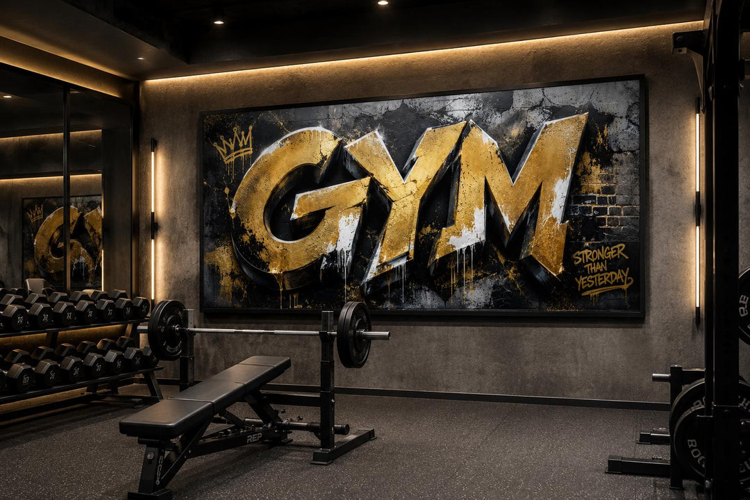 Gold graffiti GYM wall art with Stronger Than Yesterday text on a dark textured canvas in a gym.