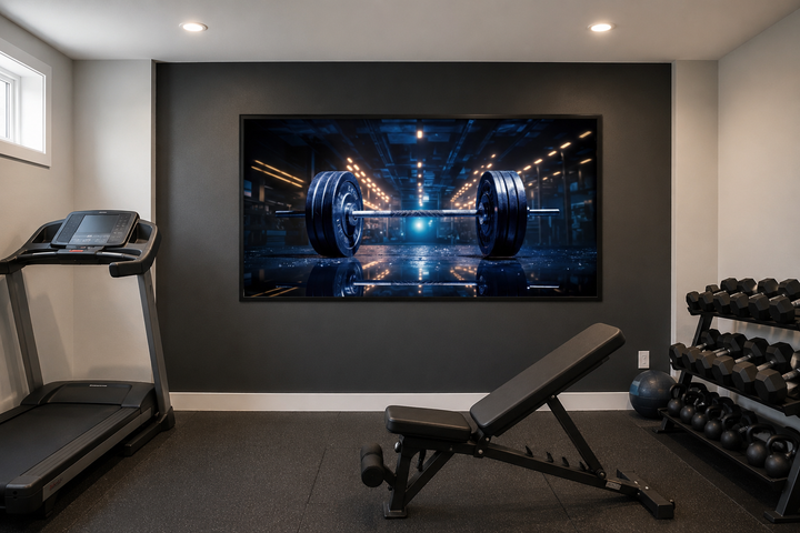 Realistic barbell painting framed canvas wall art hanging in a modern home gym above a weight bench.