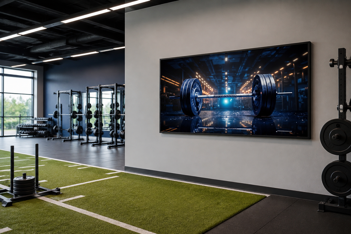 Framed horizontal canvas wall art of a realistic barbell painting in a modern gym setting.