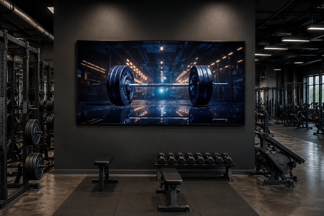 Realistic barbell painting framed canvas wall art hanging in a modern dark-themed gym.