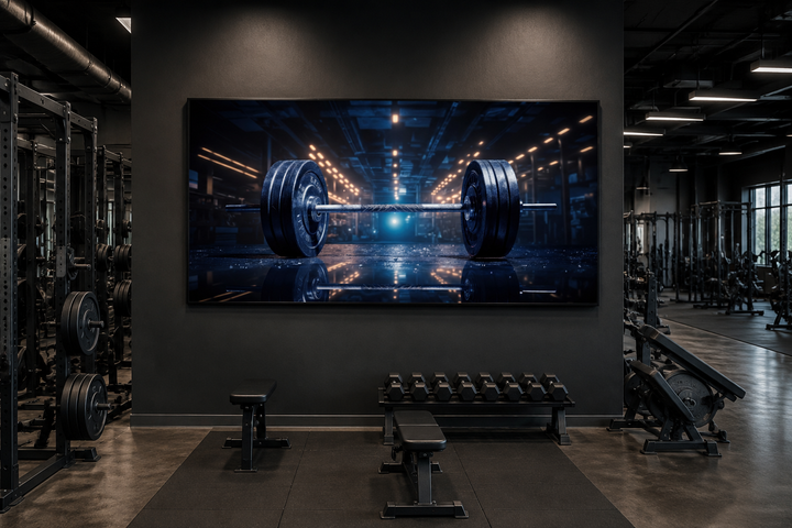 Realistic barbell painting framed canvas wall art hanging in a modern dark-themed gym.