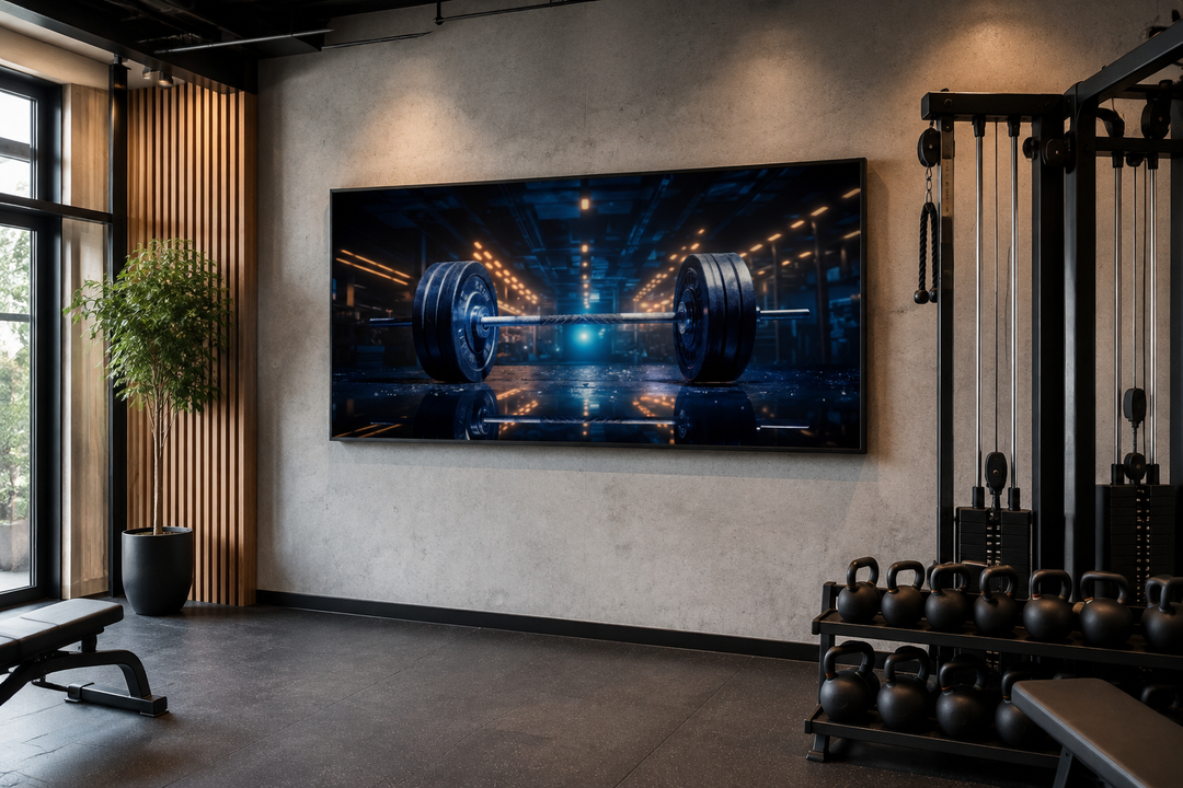 Framed canvas wall art of a realistic barbell in a dark gym, hanging in a modern home gym setting.