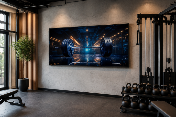 Framed canvas wall art of a realistic barbell in a dark gym, hanging in a modern home gym setting.