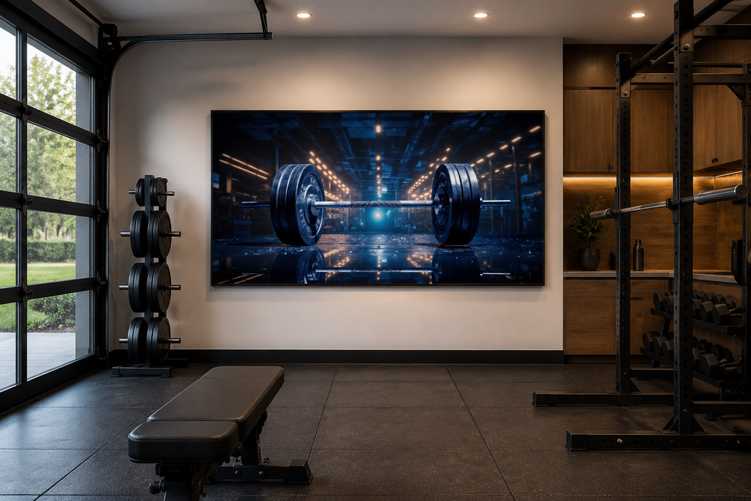 Realistic barbell painting framed canvas wall art displayed in a modern home gym setting.