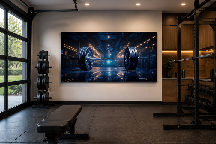 Realistic barbell painting framed canvas wall art displayed in a modern home gym setting.