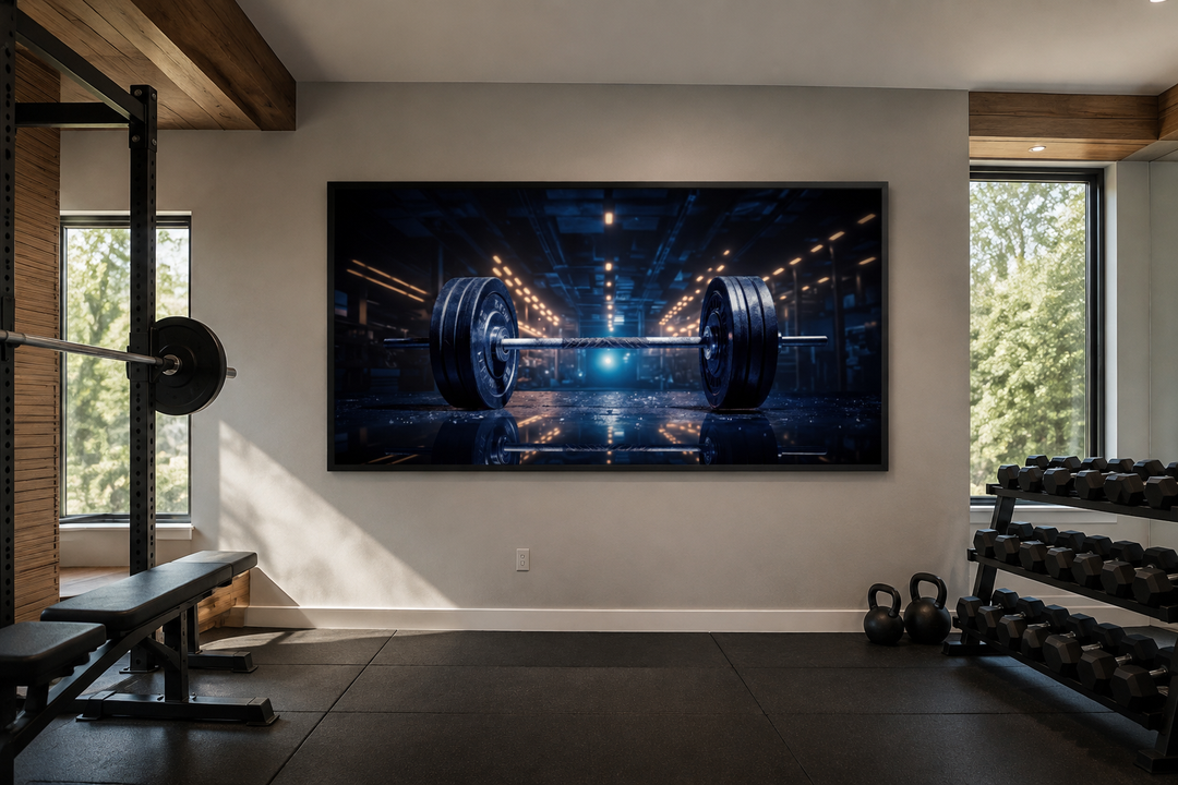 Realistic barbell painting on a framed canvas wall art in a modern home gym setting.