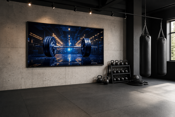 Realistic barbell painting on framed canvas wall art in a modern home gym setting.