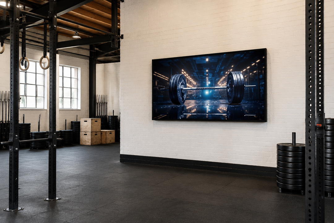 Realistic barbell painting on framed canvas wall art displayed in a modern gym setting.