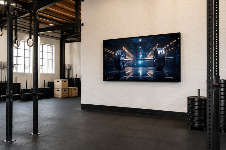 Realistic barbell painting on framed canvas wall art displayed in a modern gym setting.
