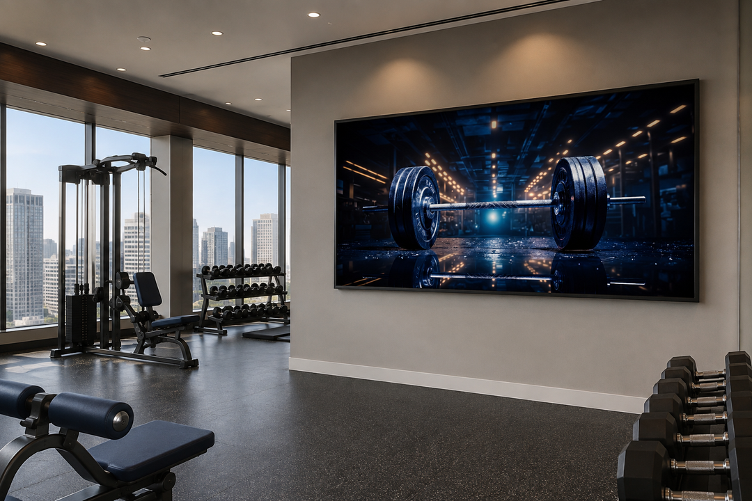 Realistic barbell painting on a framed canvas wall art in a modern gym setting.