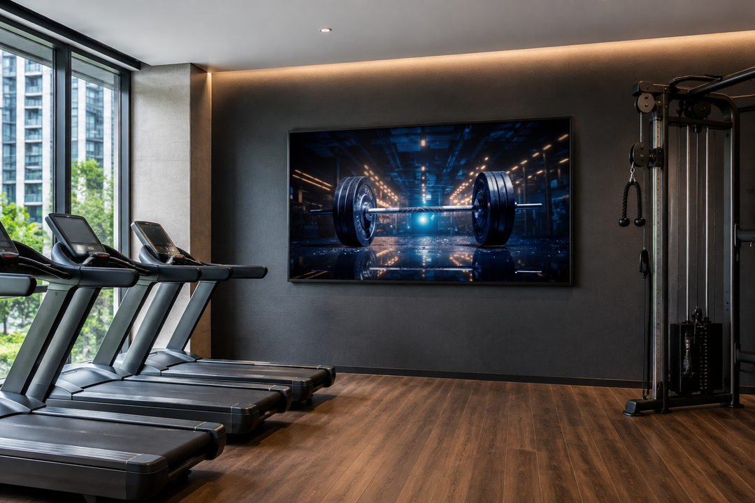 Realistic barbell painting on a dark gym wall above treadmills, framed canvas wall art.