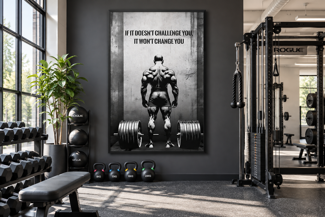 Man With Barbell Motivational Fitness Framed Canvas Wall Art in a modern gym setting.
