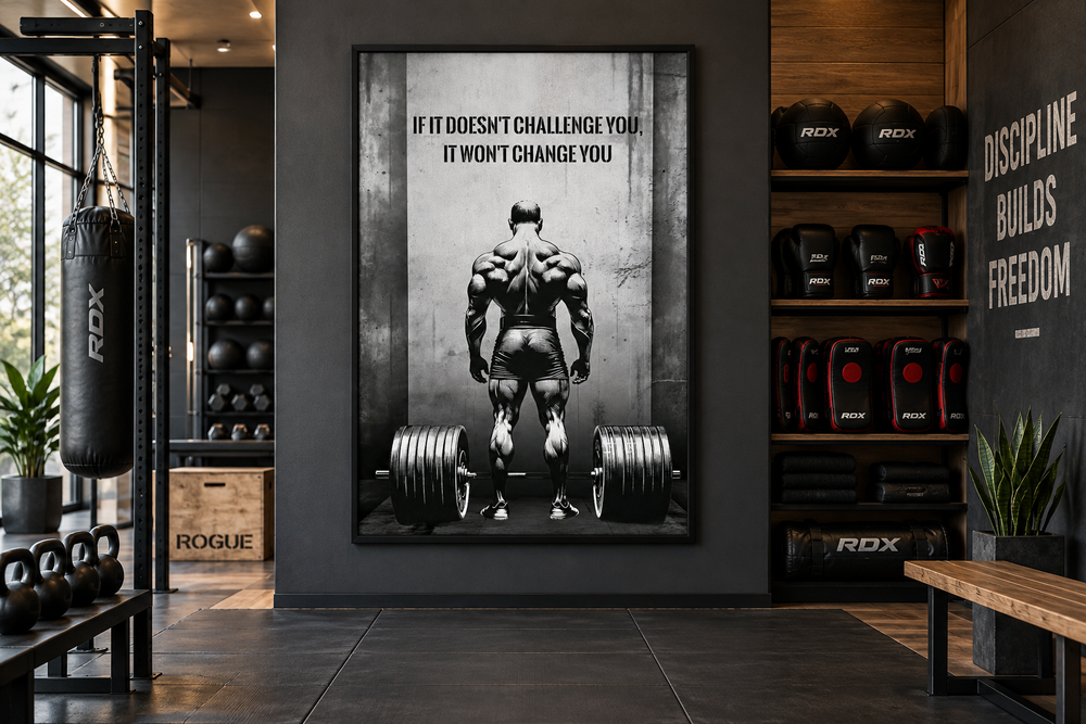 Man with barbell motivational fitness framed canvas wall art in a modern gym setting.