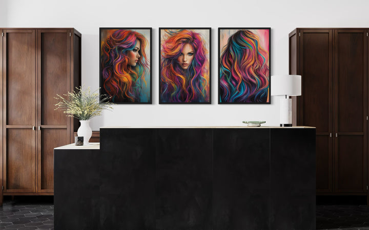 Hair Salon 3 Piece Framed Canvas Wall Art - Rainbow Colored Woman Painting Print