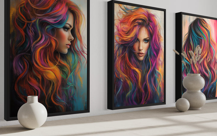 Hair Salon 3 Piece Framed Canvas Wall Art - Rainbow Colored Woman Painting Print