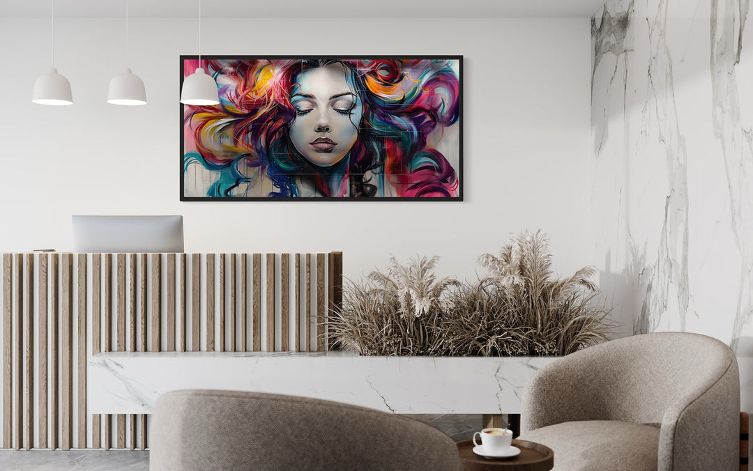 Hair Salon Wall Art Beautiful Woman Multicolored Hair Graffiti Painting