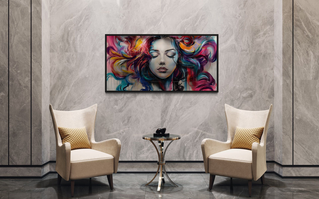 Hair Salon Wall Art Beautiful Woman Multicolored Hair Graffiti Painting