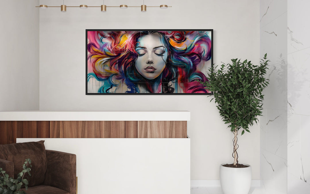 Hair Salon Wall Art Beautiful Woman Multicolored Hair Graffiti Painting