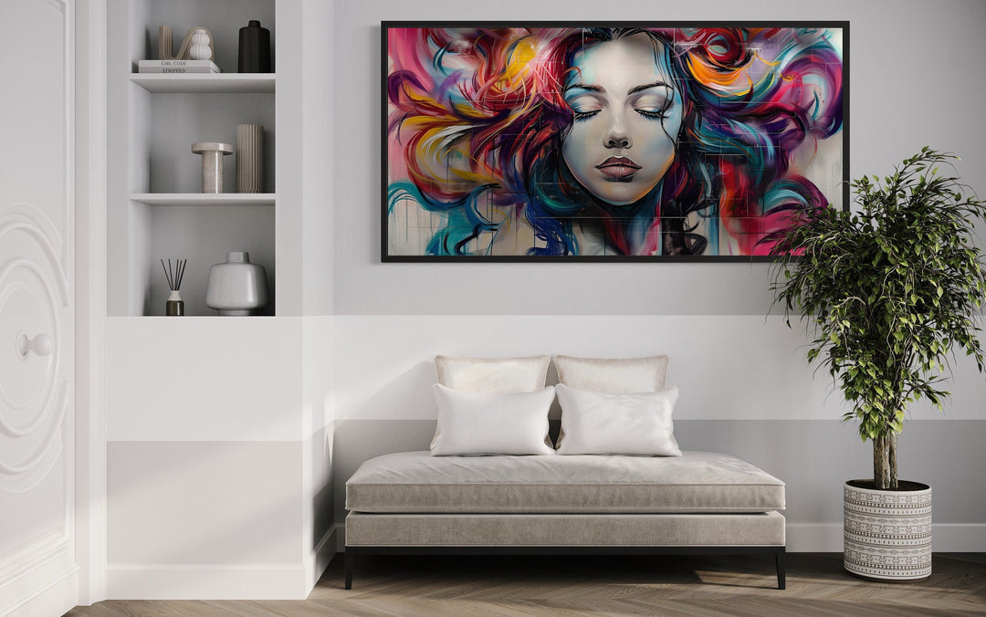 Hair Salon Wall Art Beautiful Woman Multicolored Hair Graffiti Painting