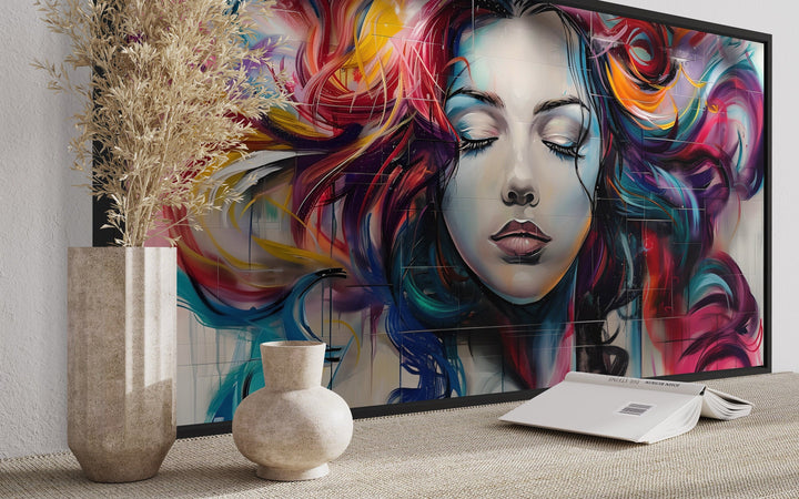 Hair Salon Wall Art Beautiful Woman Multicolored Hair Graffiti Painting