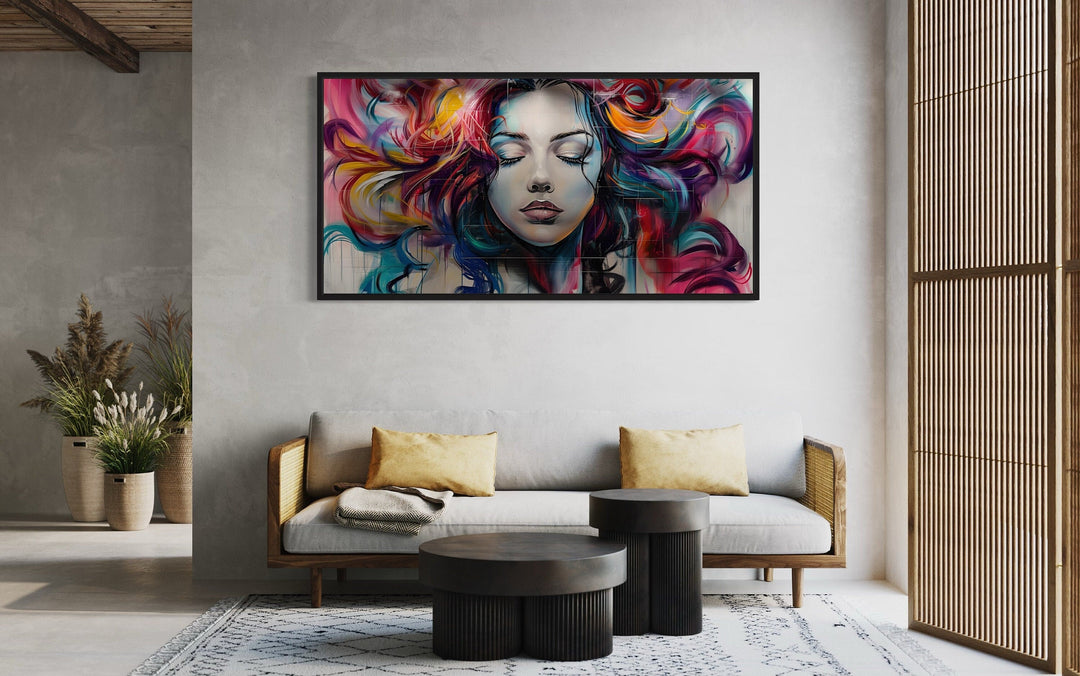 Hair Salon Wall Art Beautiful Woman Multicolored Hair Graffiti Painting in the salon