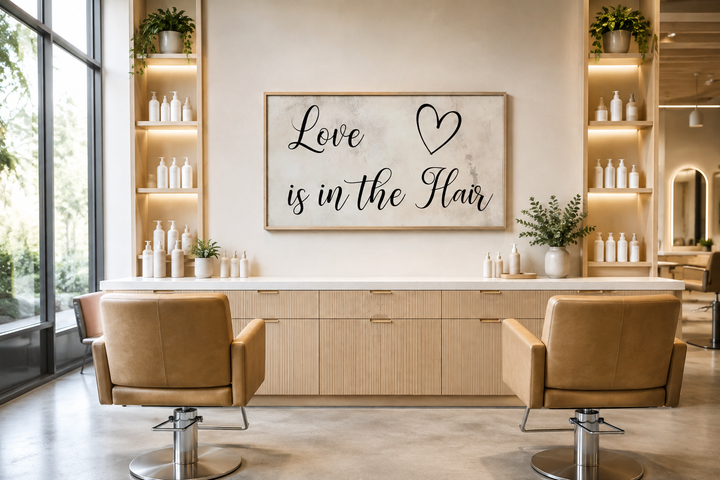 Chic canvas wall art with 'Love is in the Hair' typography in a modern hair salon setting.