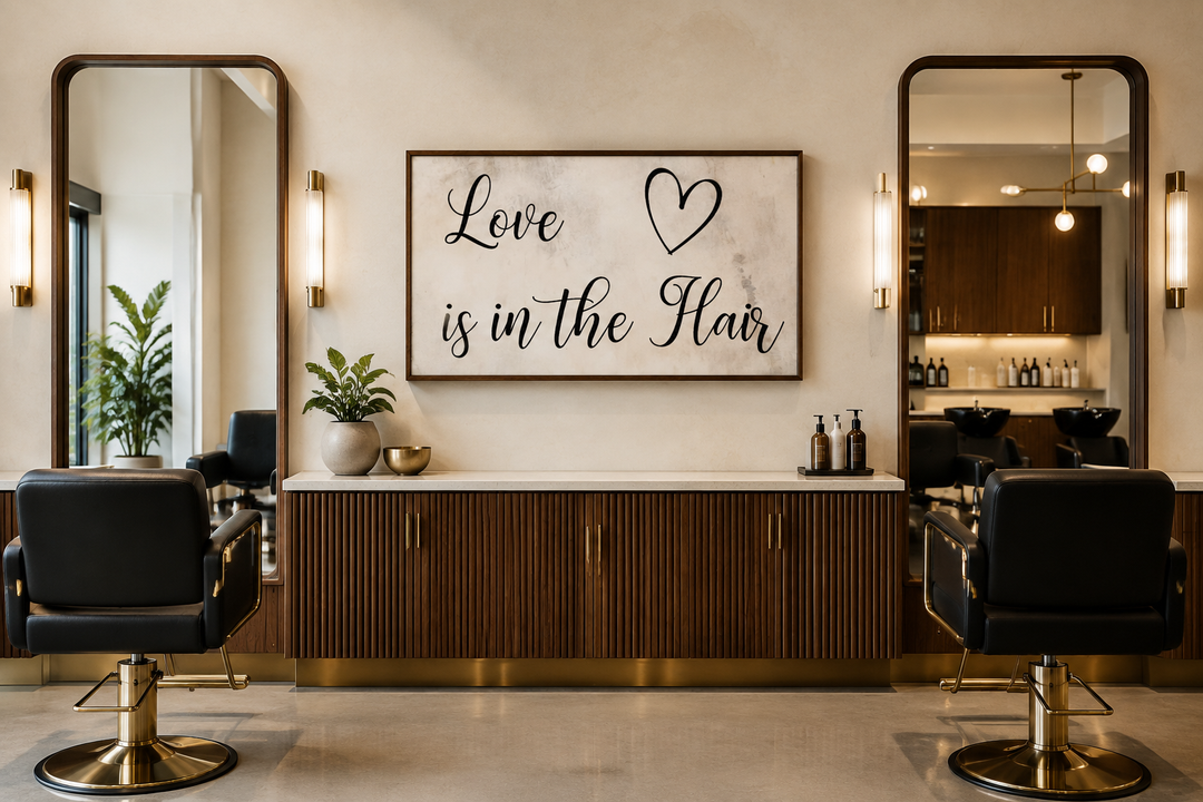 Chic canvas wall art with 'Love is in the Hair' typography and a heart icon in a modern hair salon.