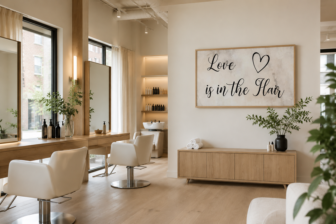 Chic canvas wall art with 'Love is in the Hair' typography in a modern, neutral-toned hair salon.