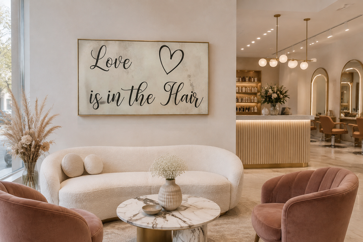 Chic canvas wall art with "Love is in the Hair" script and a heart in a modern hair salon setting.