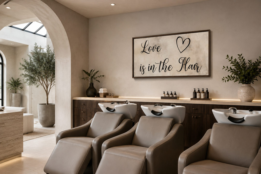 Chic canvas wall art with 'Love is in the Hair' typography in a modern hair salon wash station.