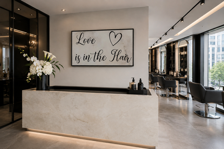 Chic canvas wall art with "Love is in the Hair" typography and heart in a modern hair salon.