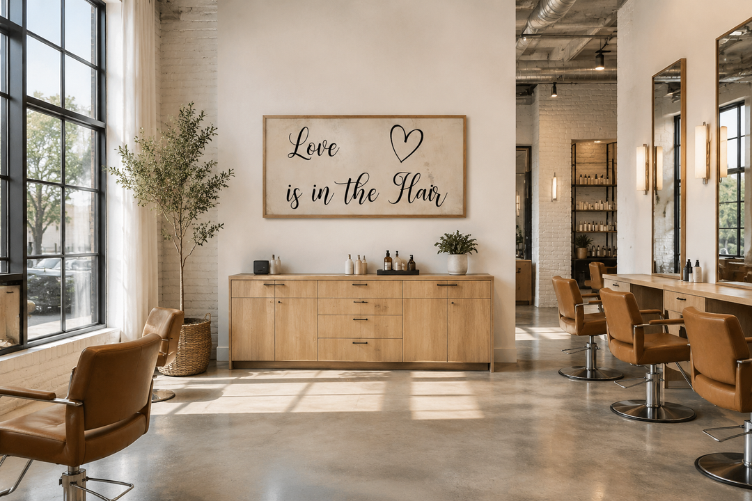Love Is In The Hair typography canvas wall art in a modern salon with wooden cabinets and chairs.
