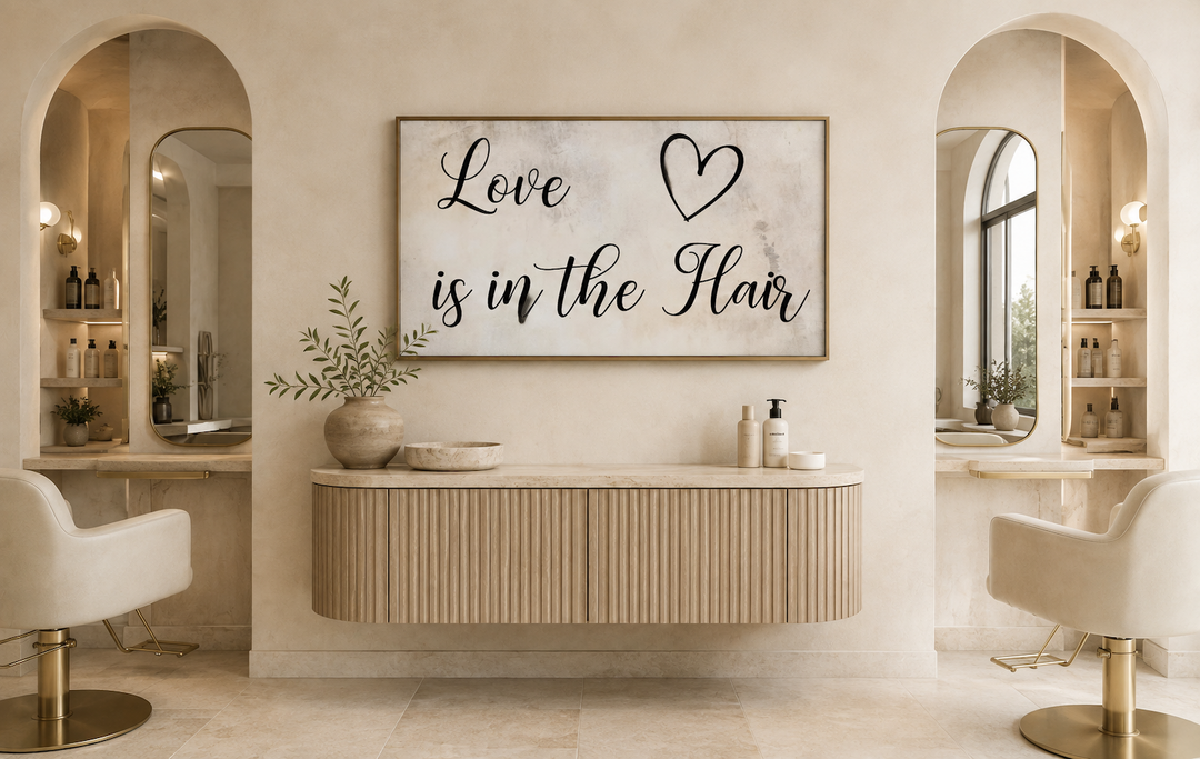 Chic canvas wall art with "Love is in the Hair" typography in a modern hair salon setting.