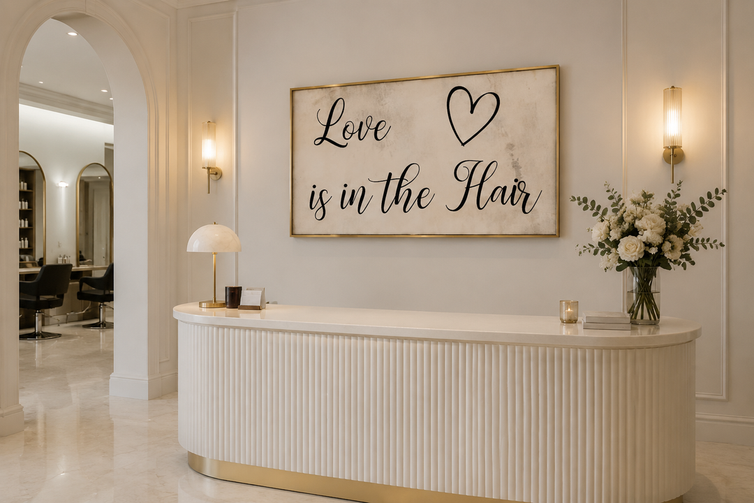 Chic canvas wall art with 'Love is in the Hair' typography above a salon reception desk.