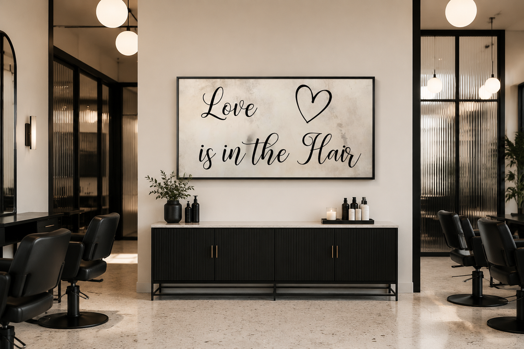 Chic canvas wall art with 'Love is in the Hair' typography in a modern hair salon setting.