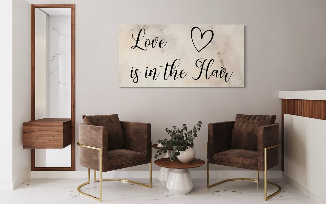 Hair Salon Wall Art, Love Is In The Hair Typography Sign Canvas Print