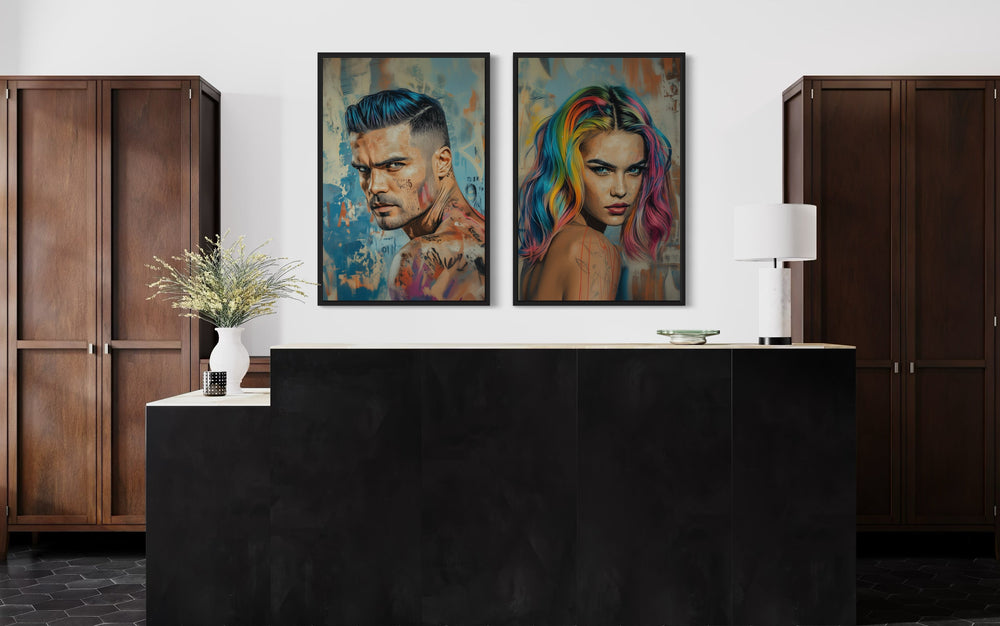 Hair Salon Wall Decor Set Of Two Man And Woman With Rainbow Hair Canvas Wall Art