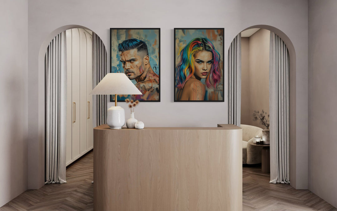 Hair Salon Wall Decor Set Of Two Man And Woman With Rainbow Hair Canvas Wall Art