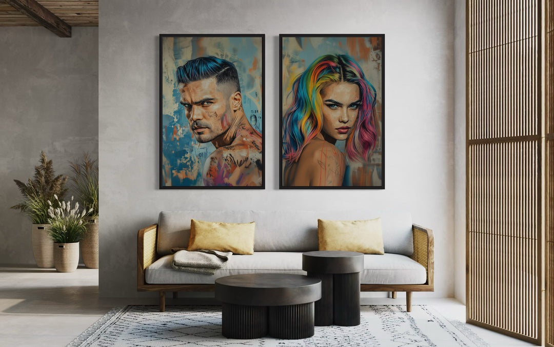 Hair Salon Wall Decor Set Of Two Man And Woman With Rainbow Hair Canvas Wall Art