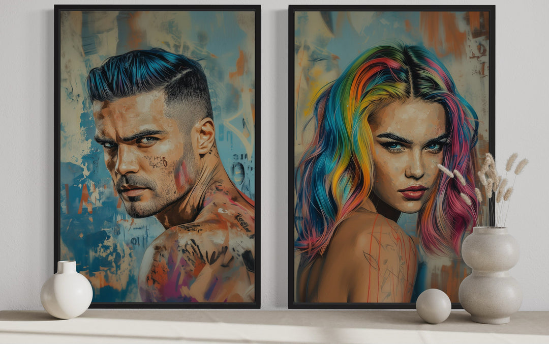 Hair Salon Wall Decor Set Of Two Man And Woman With Rainbow Hair Canvas Wall Art